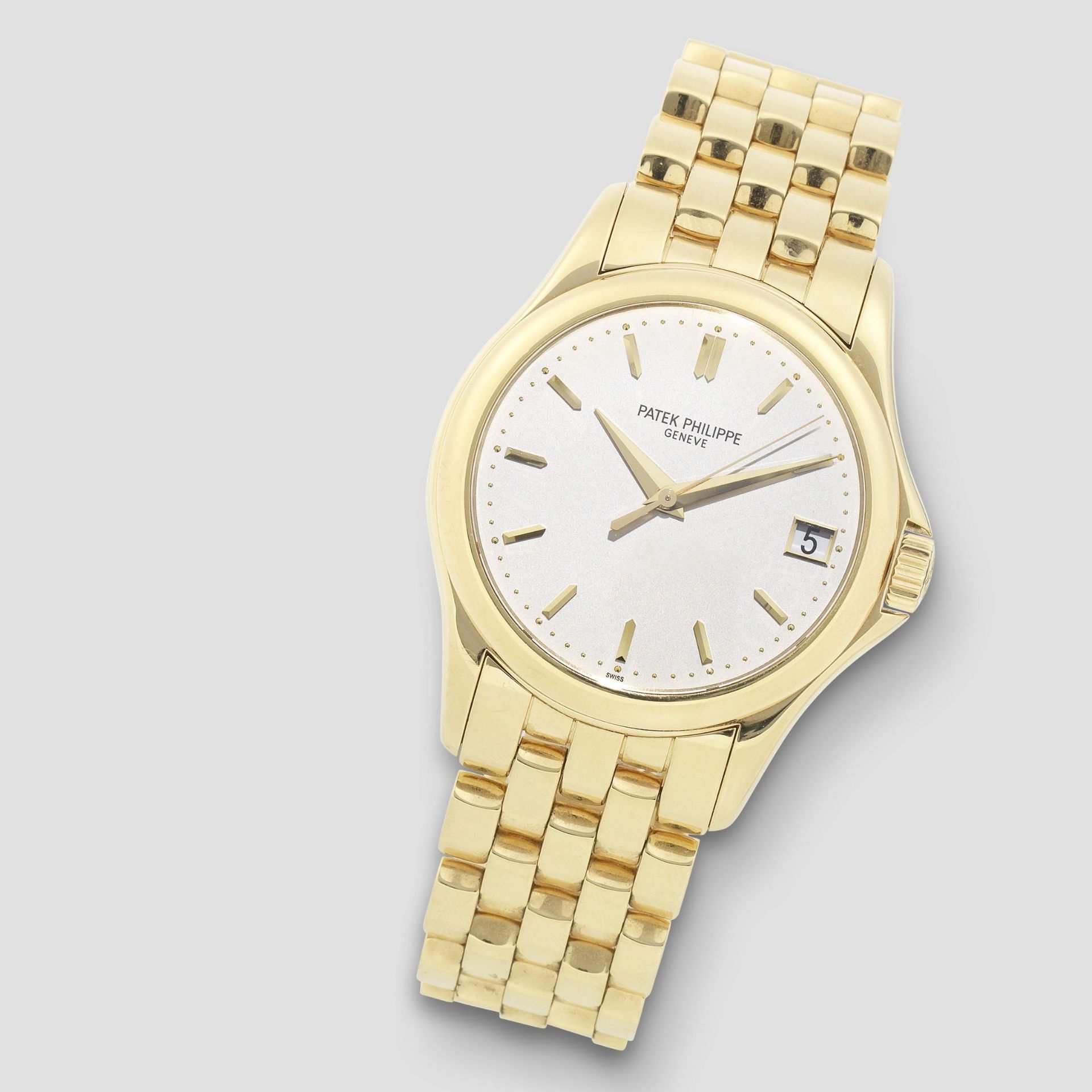 Patek Philippe. A fine 18K gold automatic calendar bracelet watch Calatrava, Ref: 5127/1J-001, P...