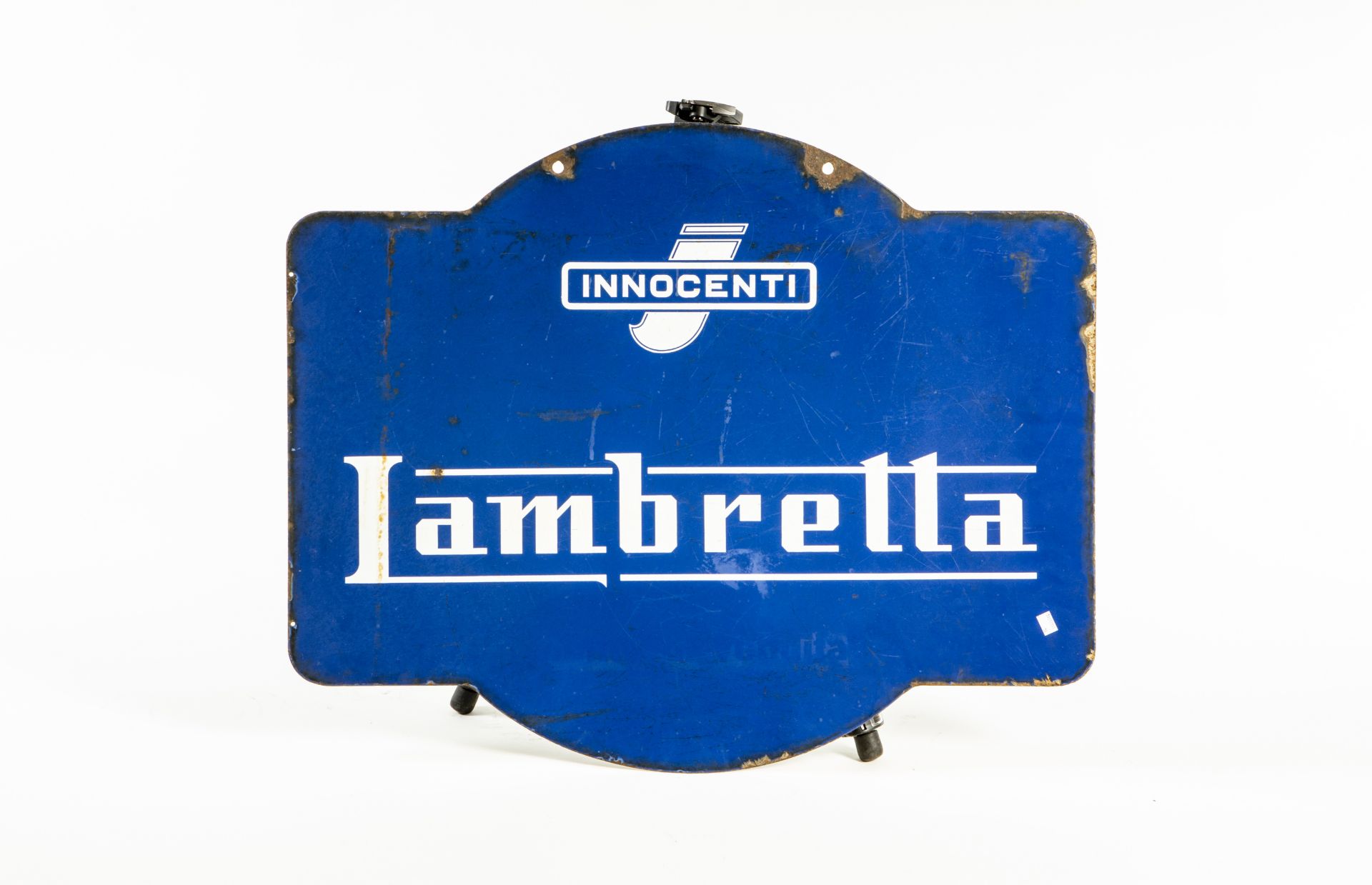 A Lambretta double sided enamelled sign