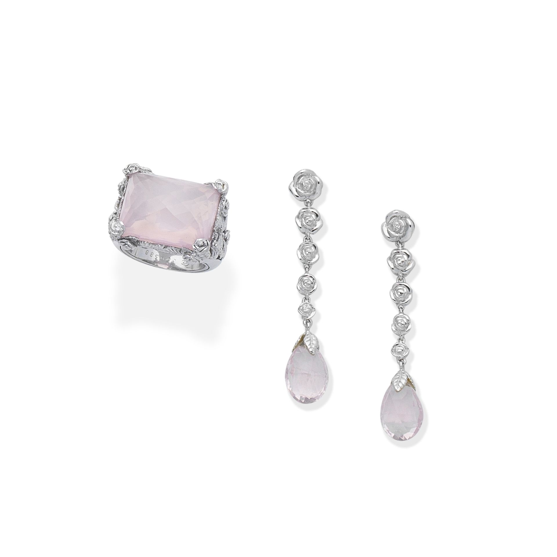 A rose quartz dress ring and earring suite (2)