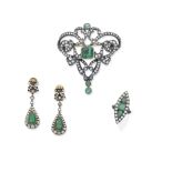 Emerald brooch, pendent earrings and ring (3)