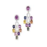 Vari-coloured sapphire and diamond pendent earrings