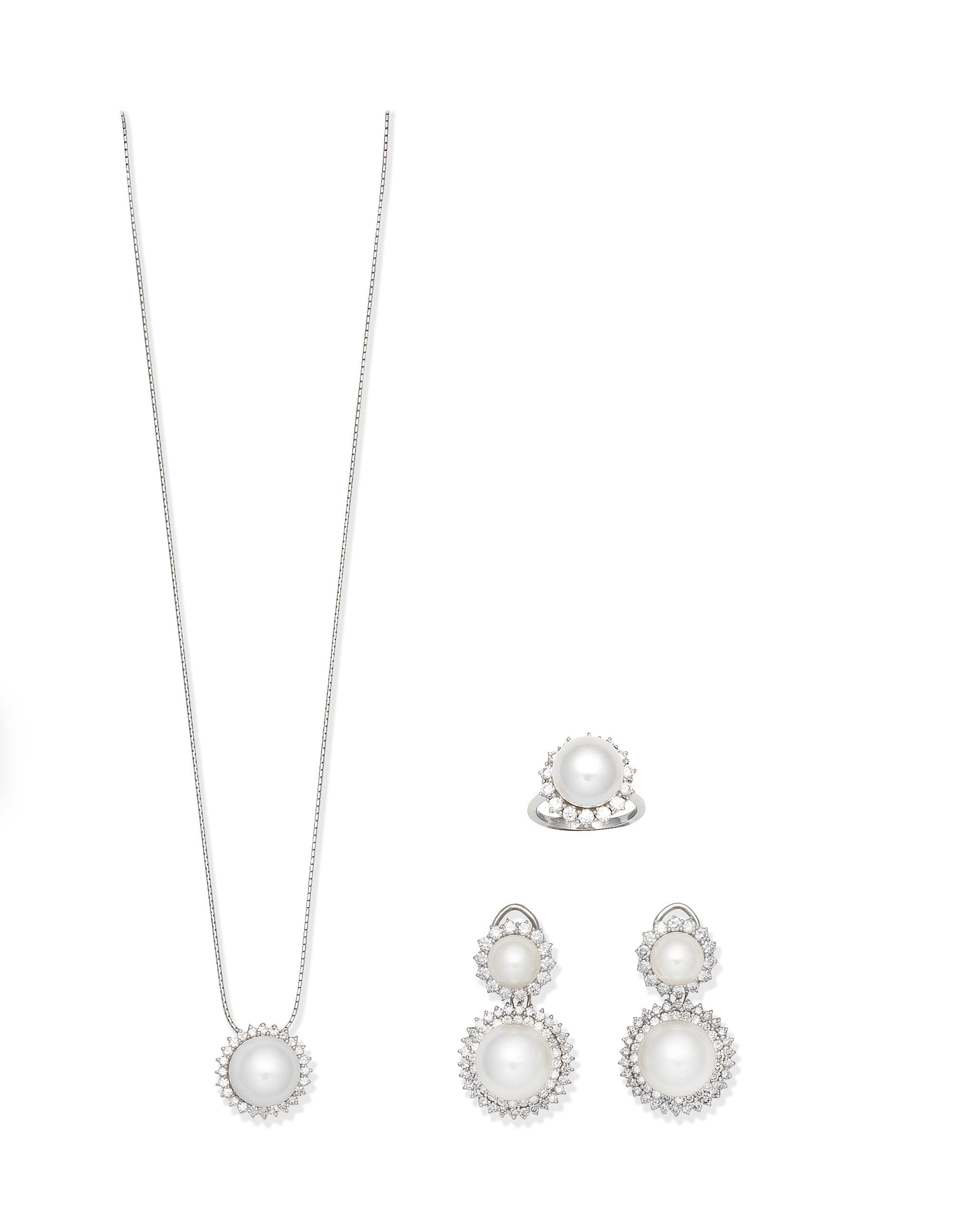 Cultured pearl and diamond pendant, ring and pendent earring suite (3)