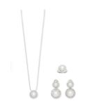 Cultured pearl and diamond pendant, ring and pendent earring suite (3)