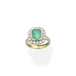 Emerald and diamond cluster ring