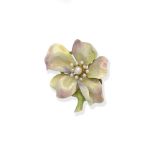 Enamel and seed pearl flower brooch, circa 1900