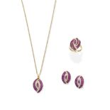 Ruby and diamond pendant, ring and earring suite (3)