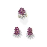 Ruby and diamond ring and earring suite