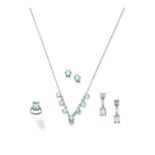 Zircon necklace and earclips, aquamarine ring and aquamarine and paste pendent earrings, circa 19...