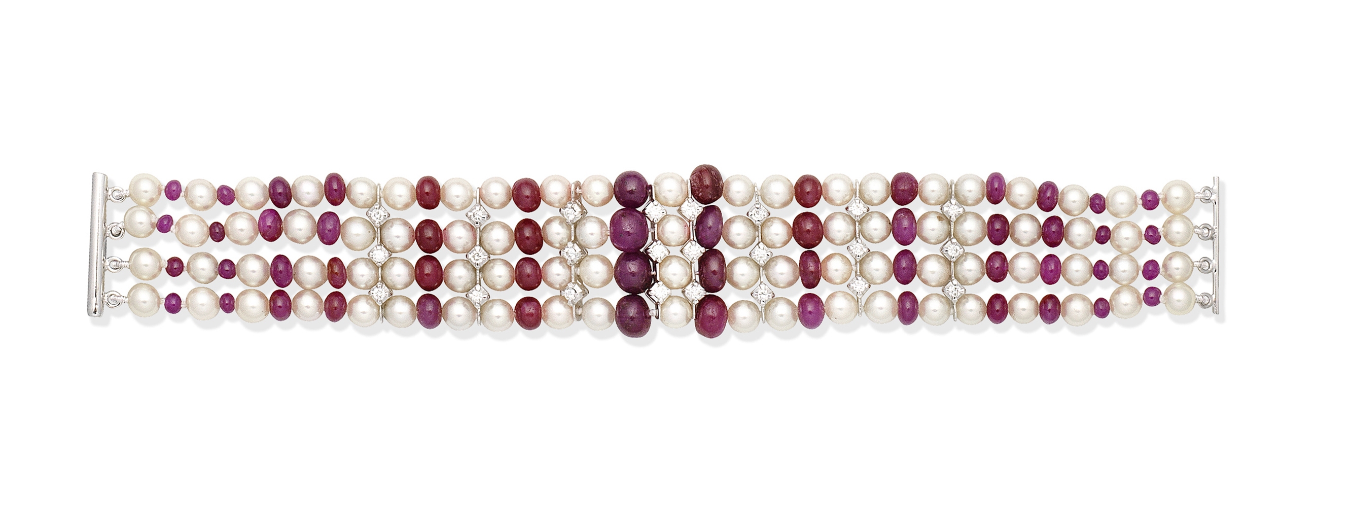 Cultured pearl, ruby and diamond bracelet