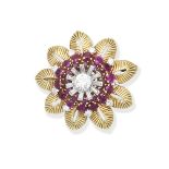 Ruby and diamond flower brooch, circa 1955