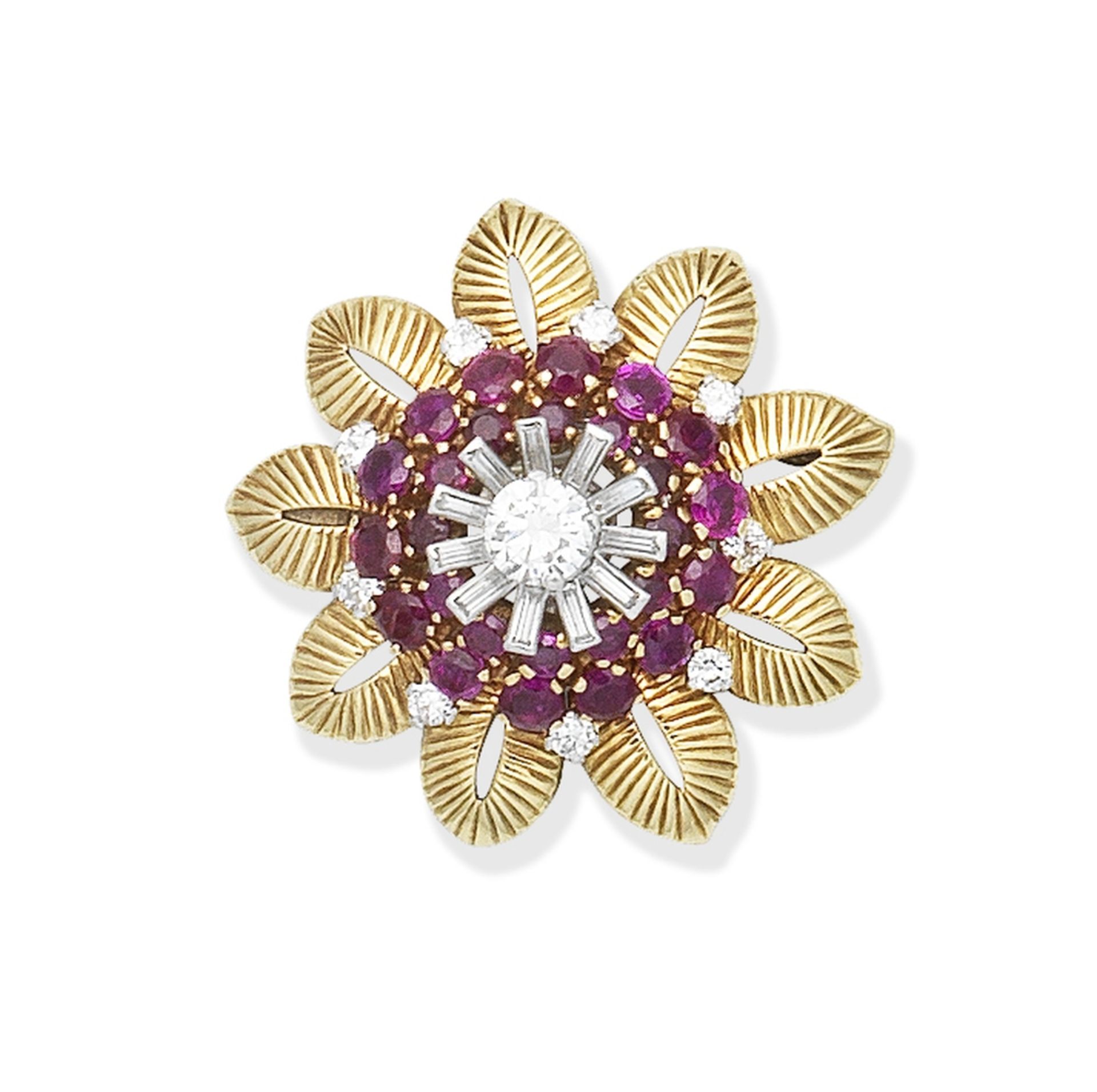 Ruby and diamond flower brooch, circa 1955