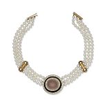 Three row cultured pearl necklace with gem-set clasp