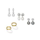 Three pairs of cultured pearl and diamond earrings, two rings (5)