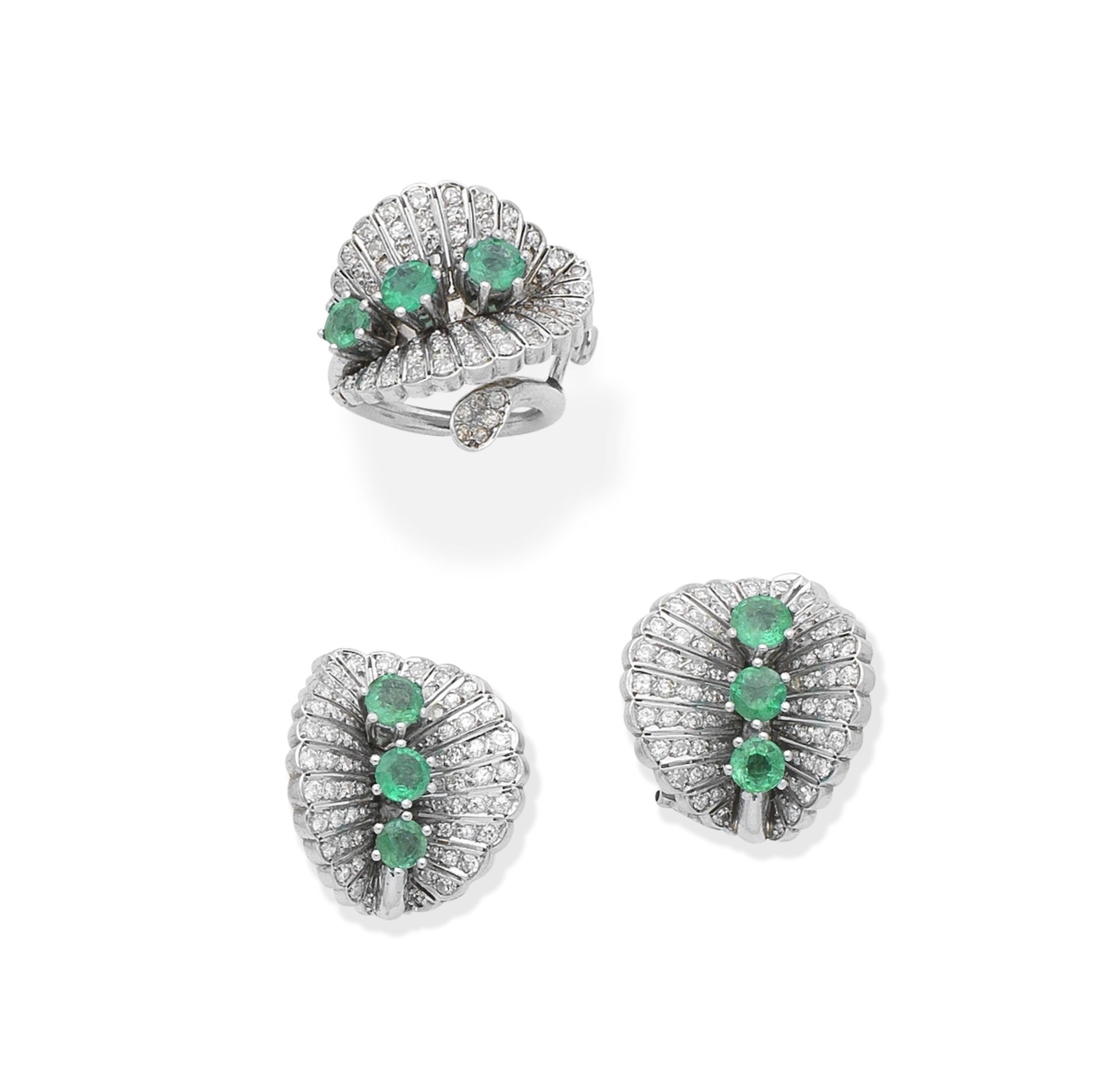 Emerald and diamond ring and earring suite, (2)