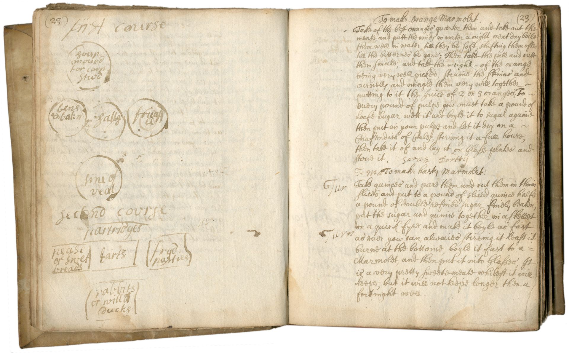 MANUSCRIPT - CULINARY & MEDICINAL RECEIPTS Recipe book, bearing the ownership inscription of 'Sar...