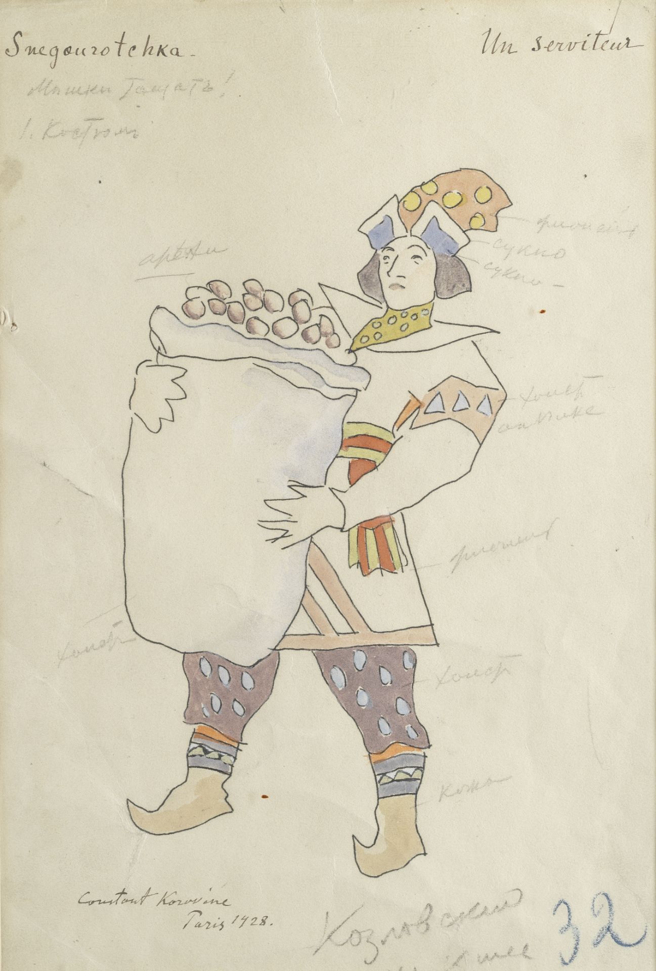 KOROVIN (KONSTANTIN) Costume design for a servant ('Un serviteur') carrying a sack of potatoes, f...