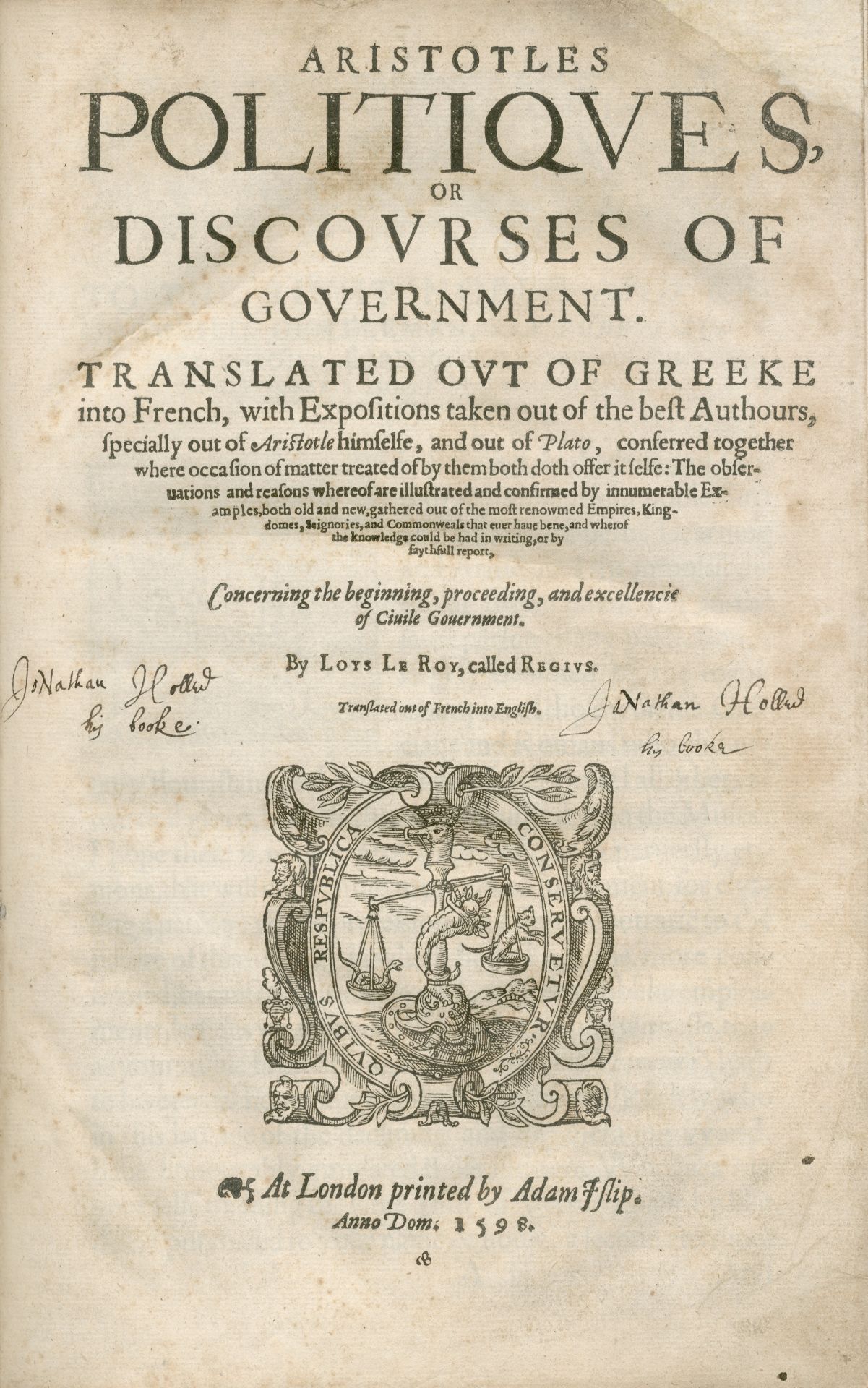 ARISTOTLE Politiques, or Discourses of Government, Adam Islip, 1598