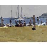 Ken Howard R.A. (British, born 1932) Morning Beach, Arrangement in Ochre and Blue