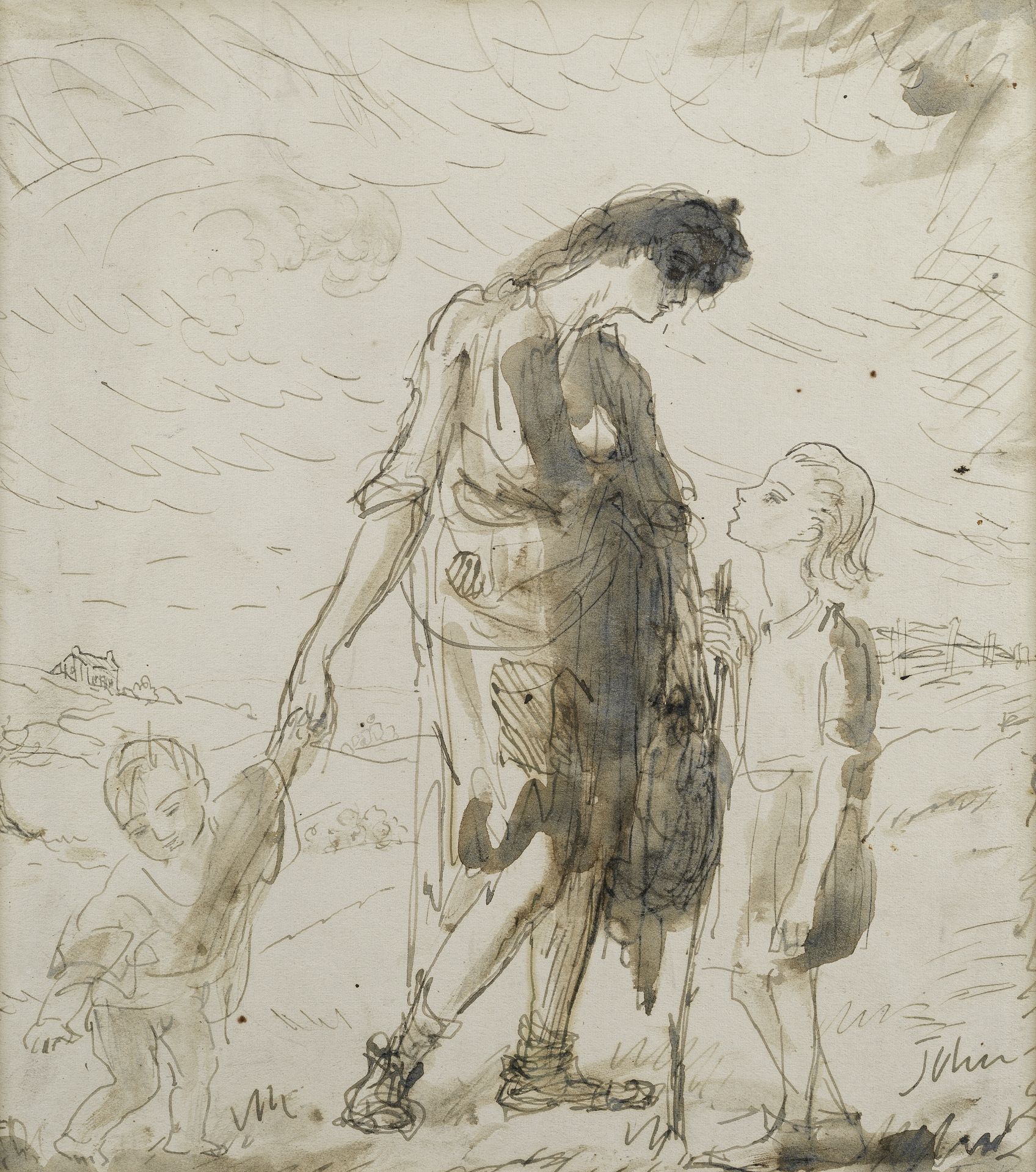 Augustus Edwin John O.M., R.A. (British, 1878-1961) Mother and Children in a Landscape