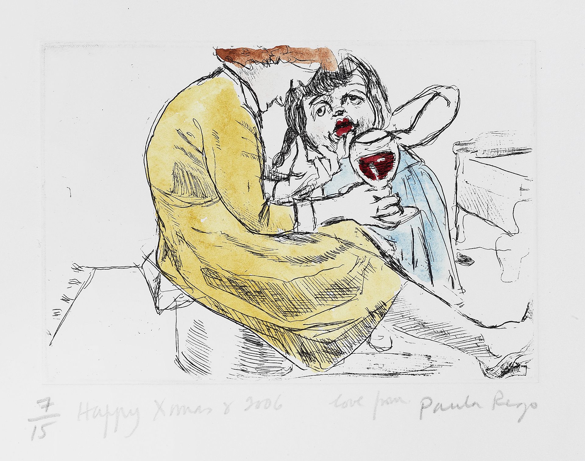 Dame Paula Rego R.A. (British, born 1935) Untitled (Woman with Red Wine) Etching with hand-colour...