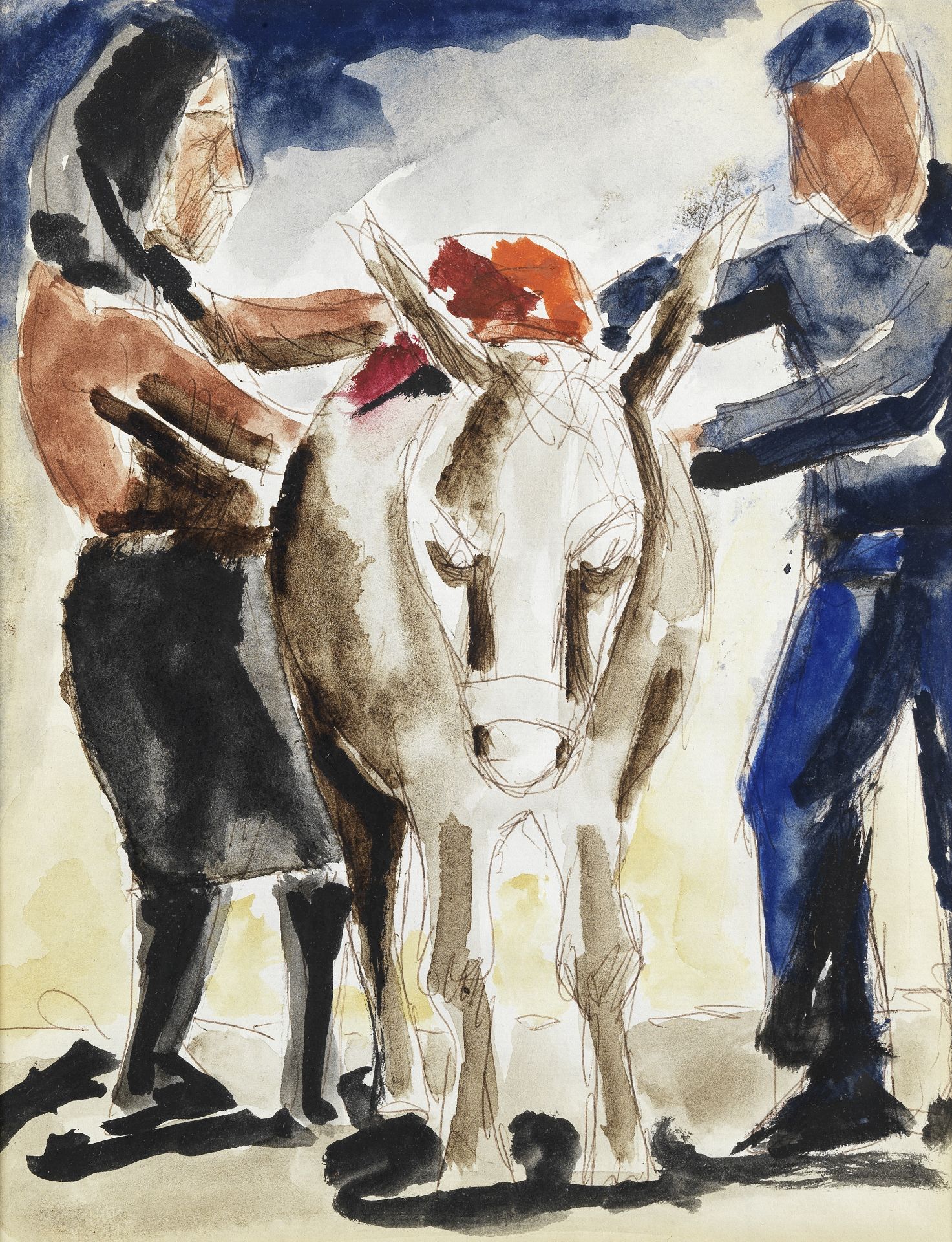 Josef Herman R.A. (British, 1911-2000) Figures and a Donkey (together with a further watercolour,...