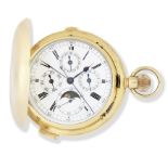 An 18K gold keyless wind triple calendar minute repeating chronograph pocket watch with moon phas...