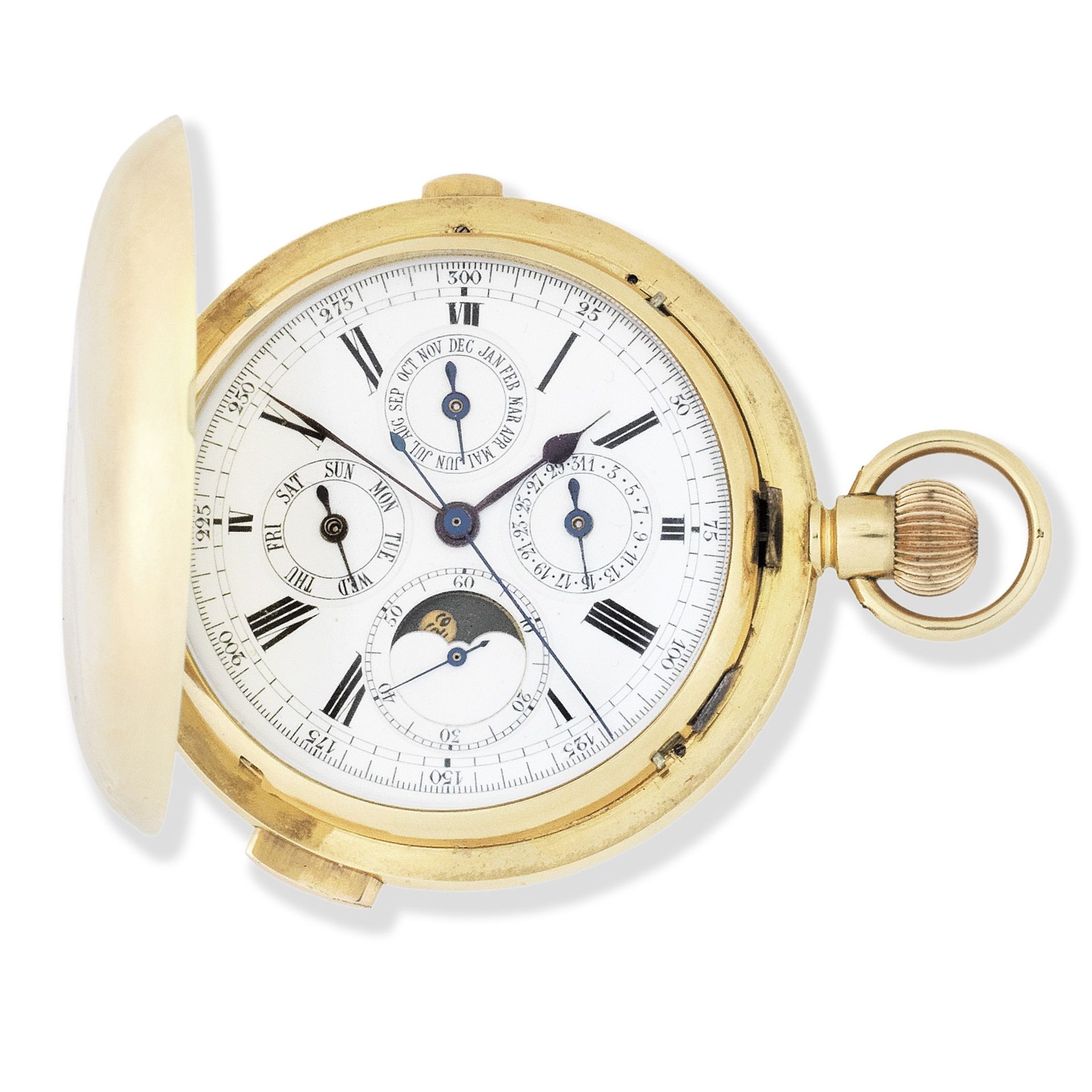 An 18K gold keyless wind triple calendar minute repeating chronograph pocket watch with moon phas...