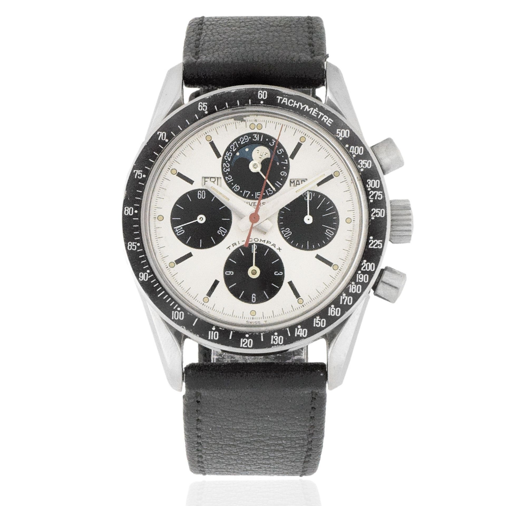 Universal Genève. A stainless steel manual wind calendar chronograph wristwatch with moon phase ...