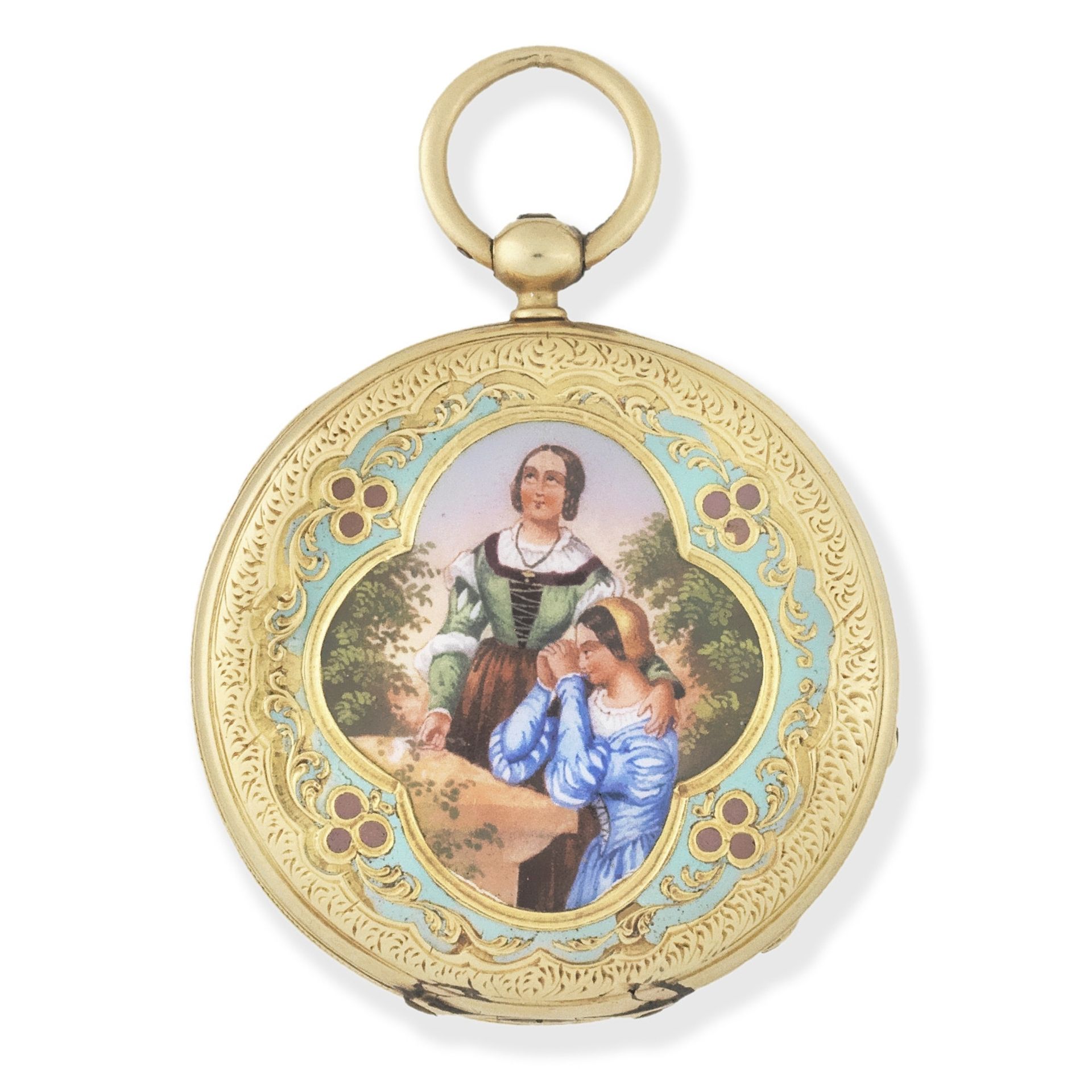 A continental gold and enamel key wind full hunter pocket watch Circa 1830