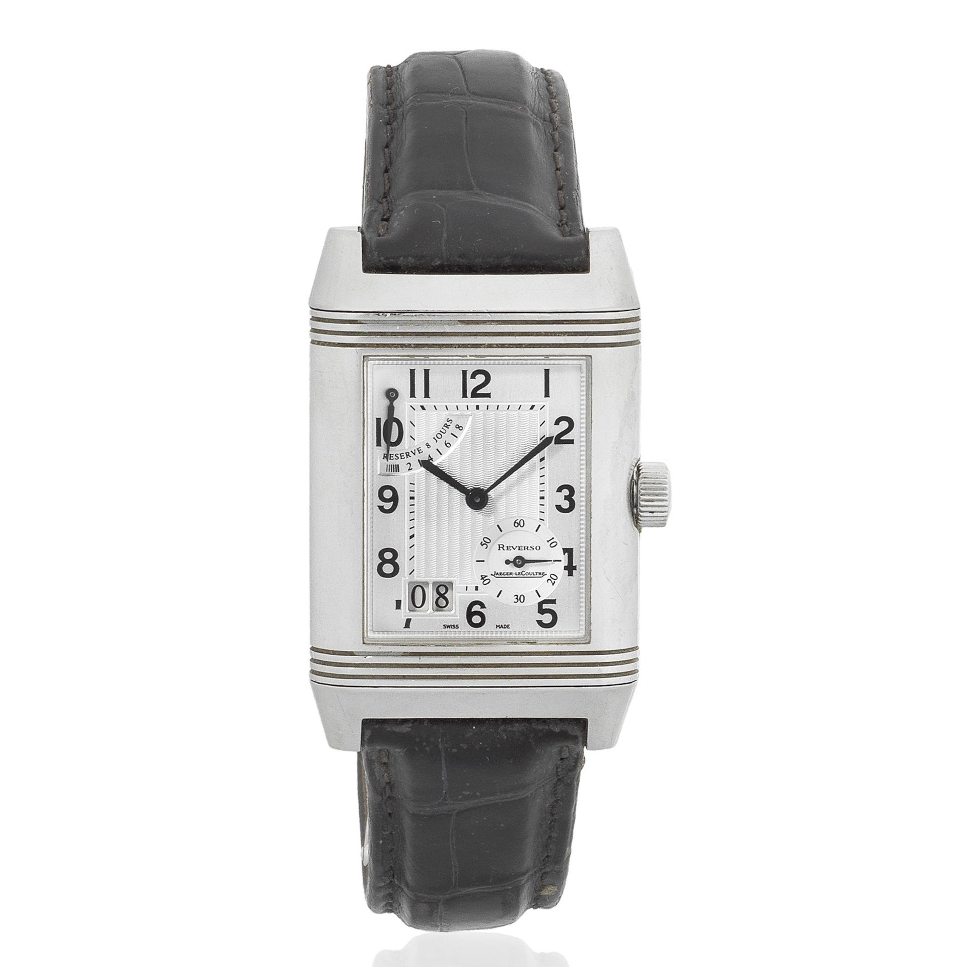 Jaeger-LeCoultre. A stainless steel manual wind reversible rectangular calendar wristwatch with p...