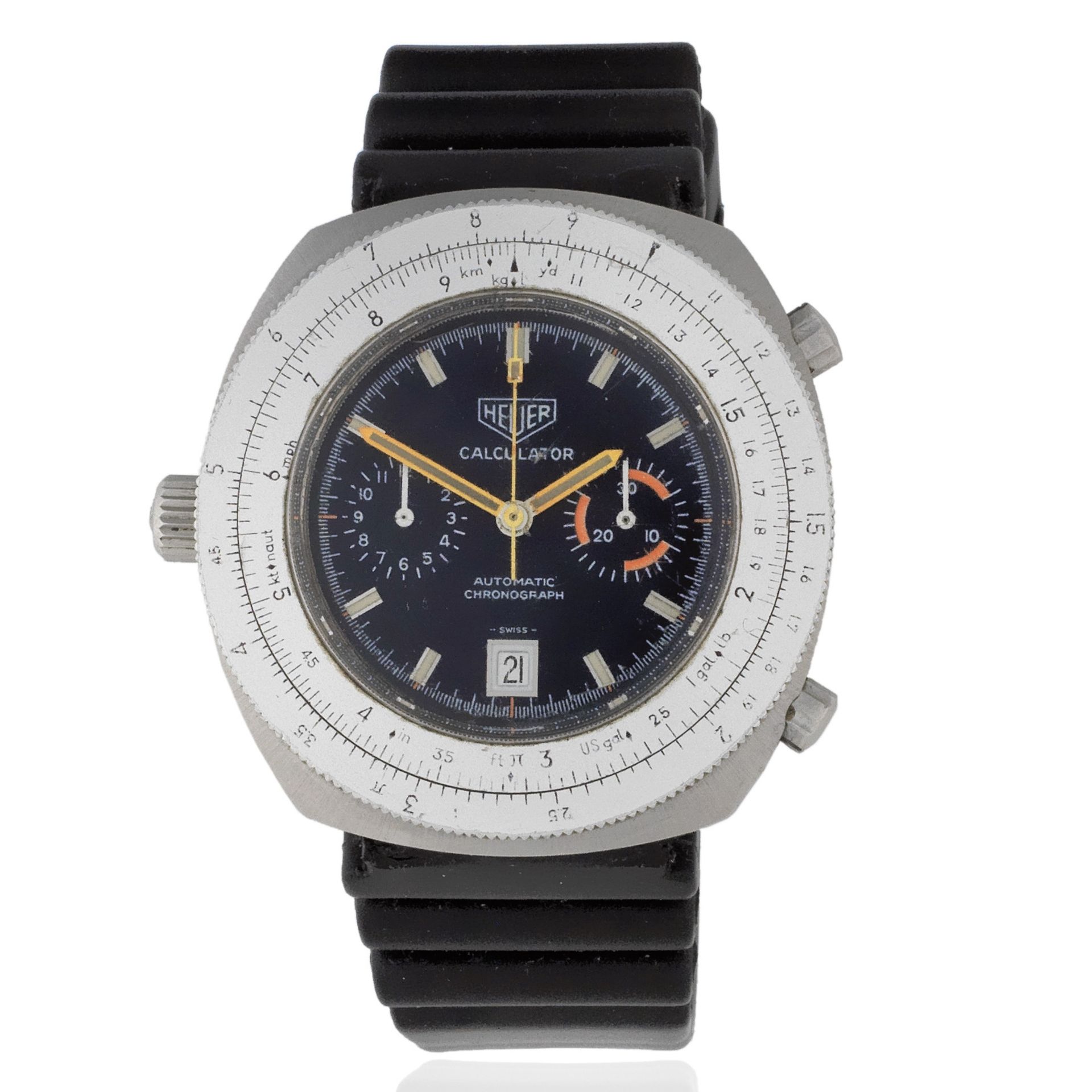 Heuer. A stainless steel automatic calendar chronograph wristwatch Calculator, Ref: 110.633, Cir...