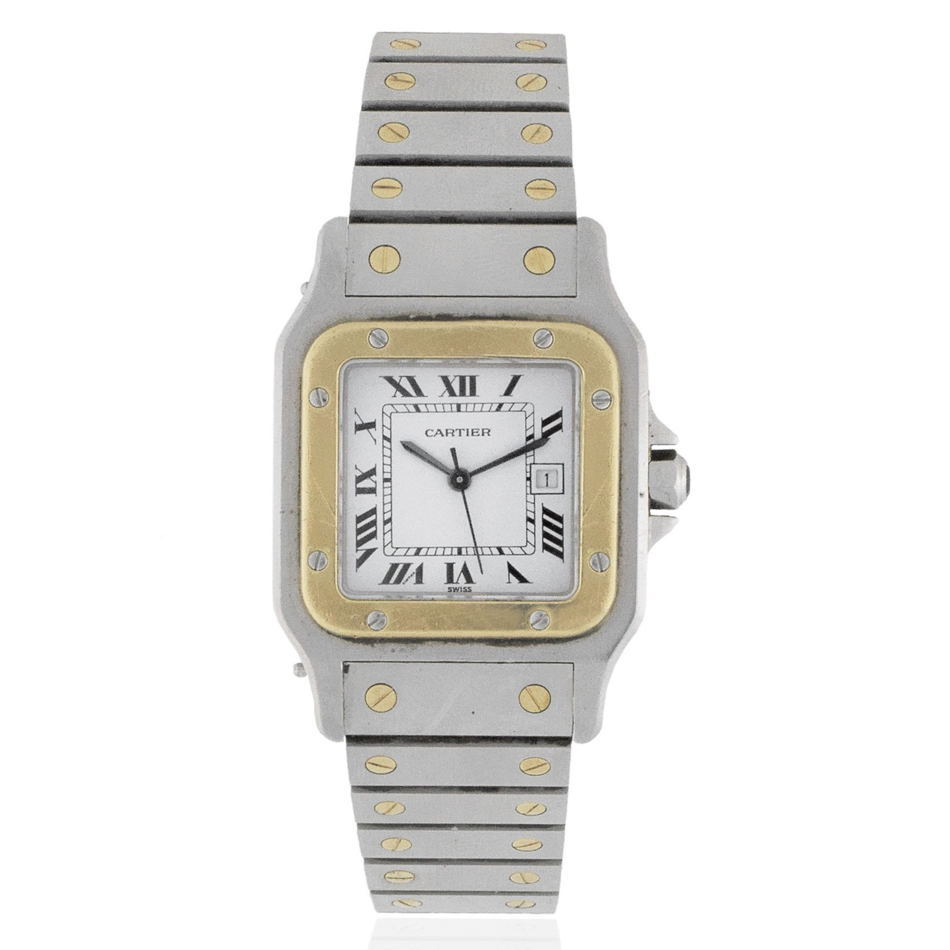 Cartier. A stainless steel and gold automatic calendar bracelet watch Santos, Circa 1990