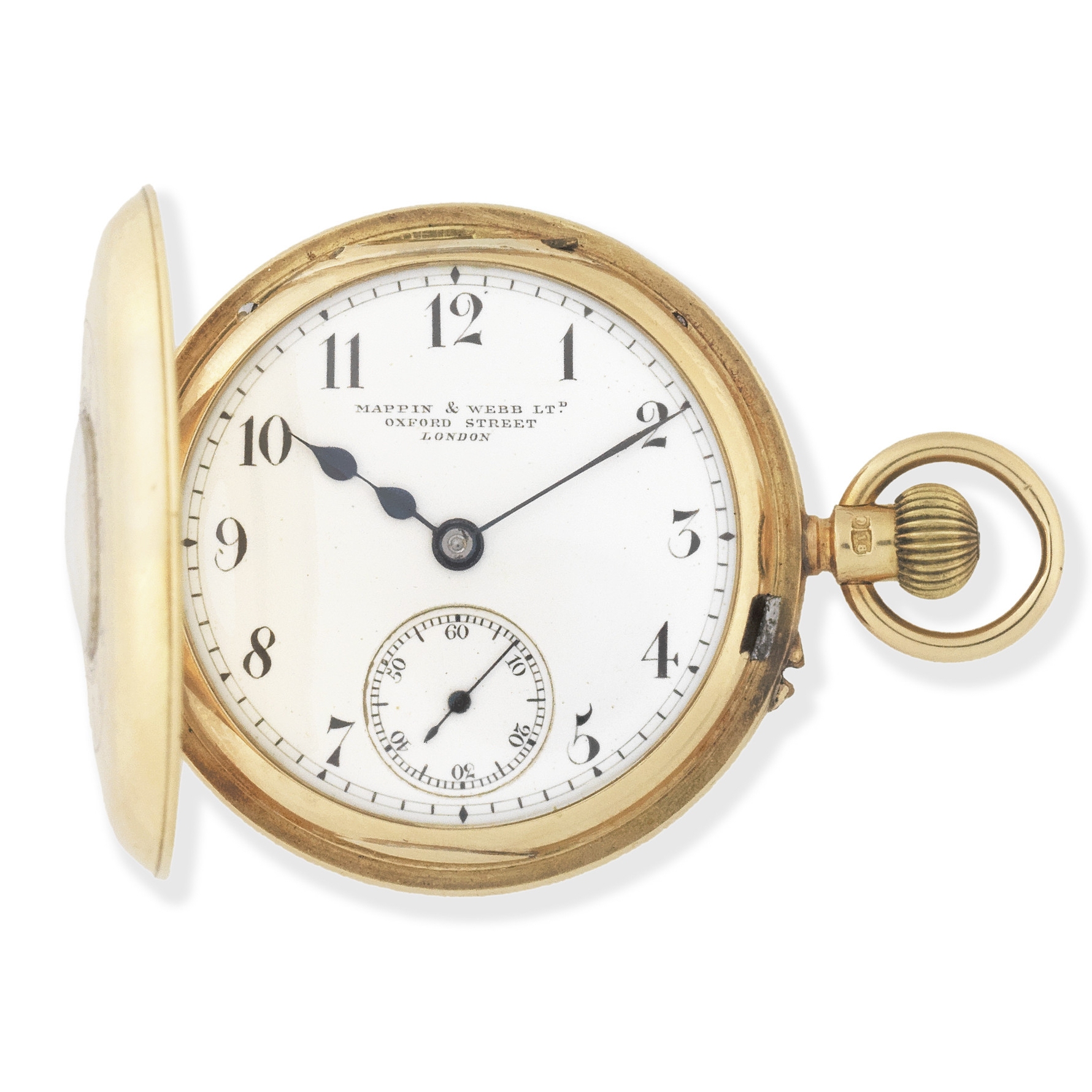 Mappin & Webb Ltd., Oxford Street, London. An 18K gold keyless wind half hunter pocket watch Lond...