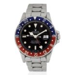 Rolex. A stainless steel automatic calendar bracelet watch with dual time zone GMT Master 'Pepsi...