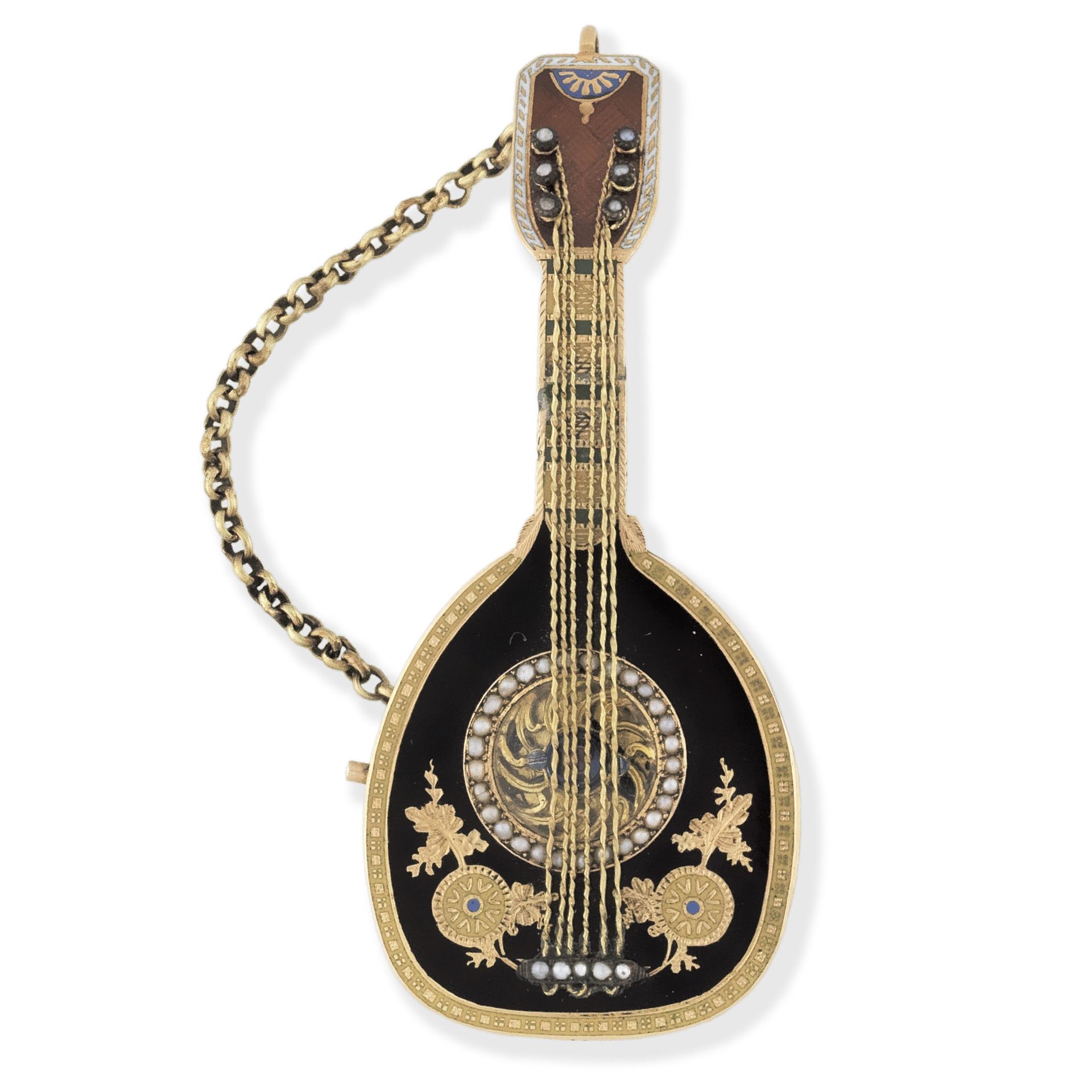 A fine and rare continental gold key wind concealed watch in the form of a mandolin with polychro...