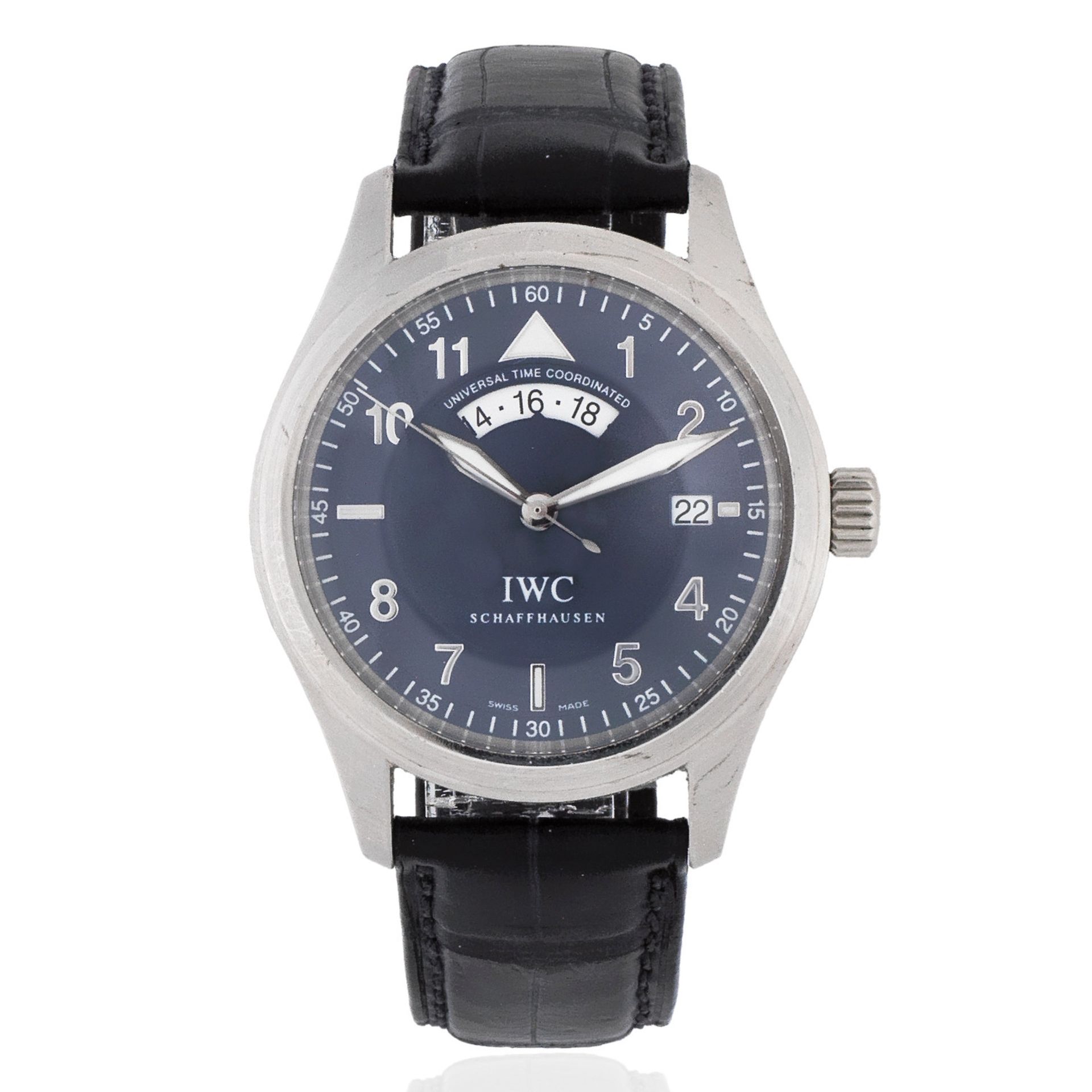 IWC. A Limited Edition platinum automatic calendar wristwatch with dual time zone Die Fliegeruhr...