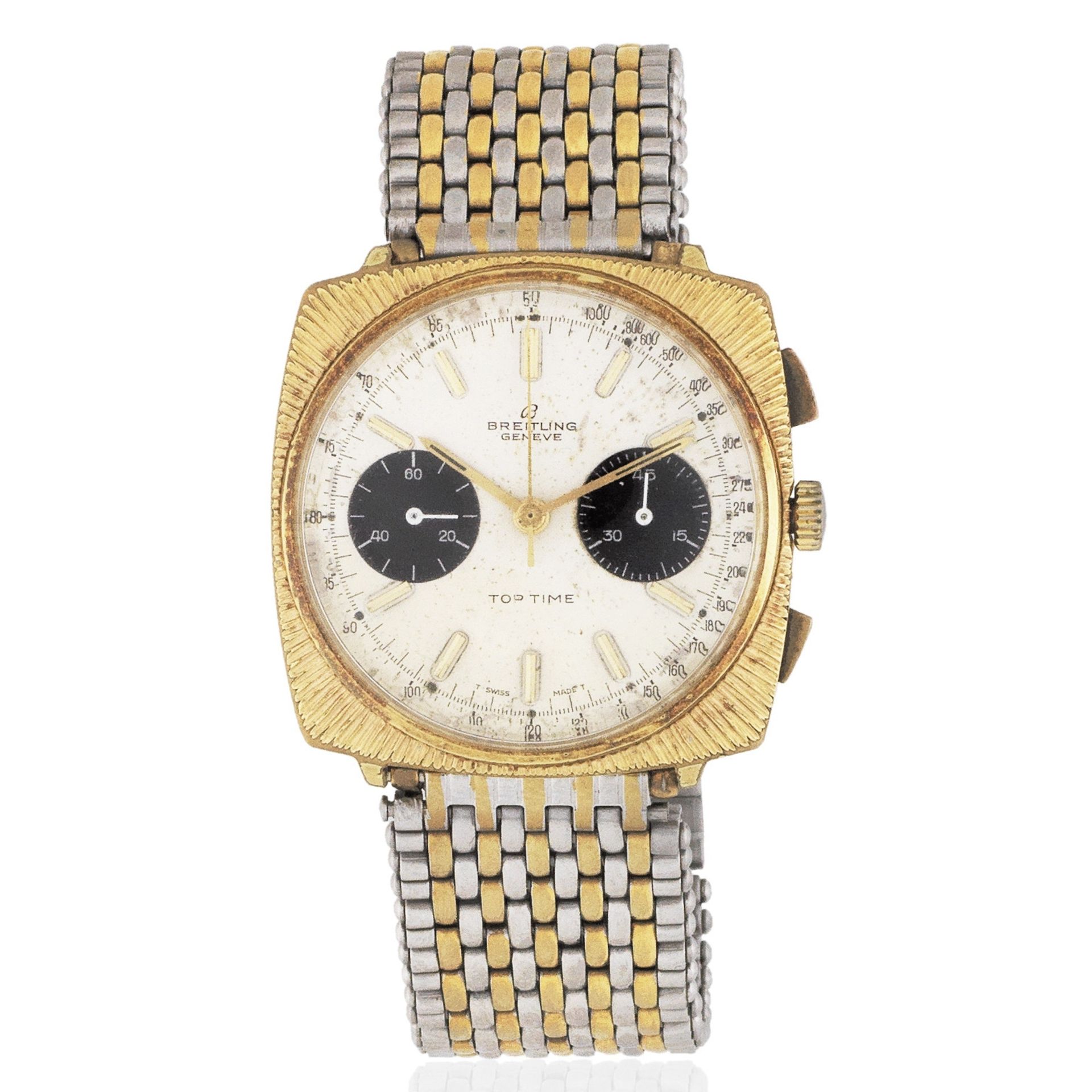 Breitling. A gold plated and stainless steel manual wind cushion form chronograph bracelet watch ...