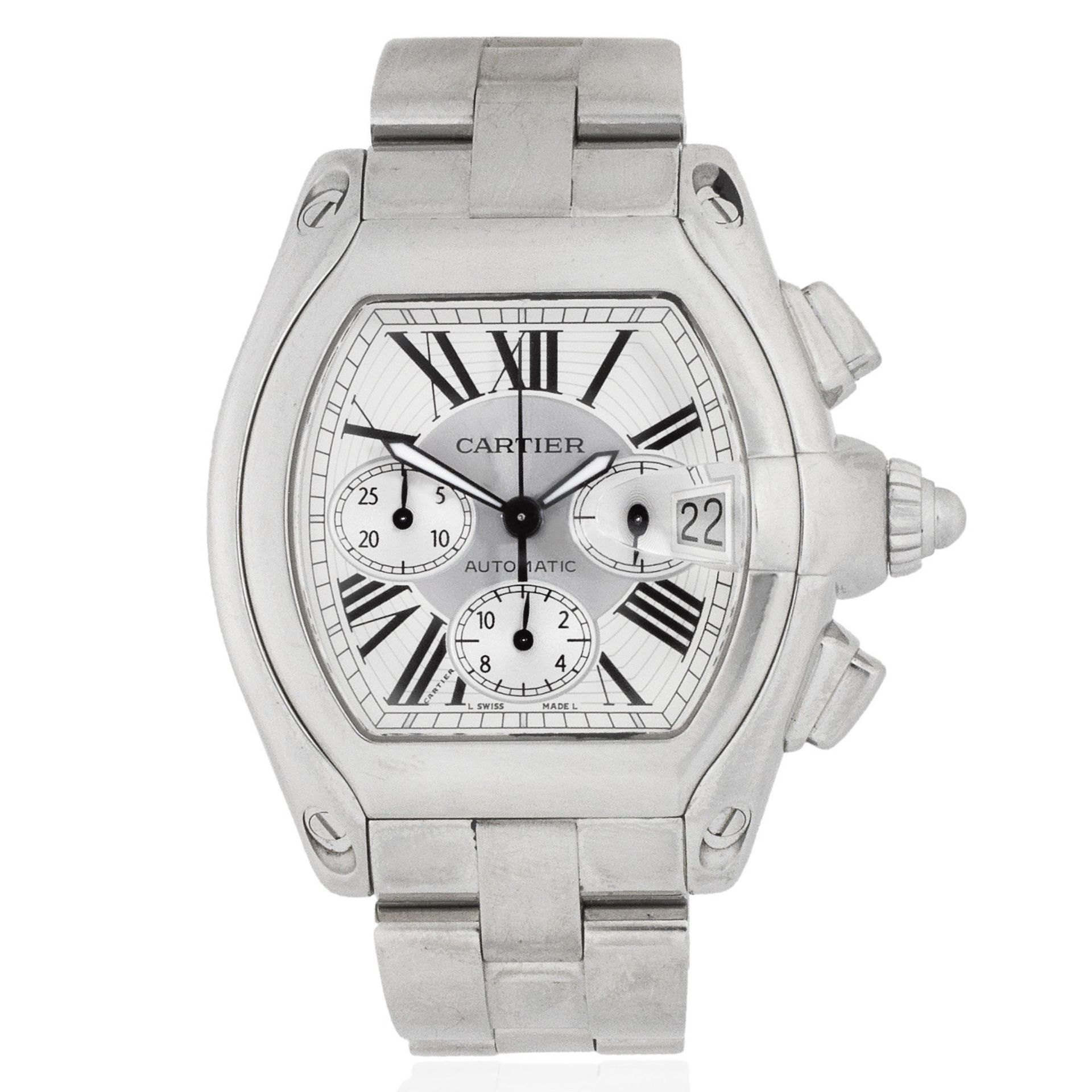 Cartier. A stainless steel automatic calendar chronograph bracelet watch Roadster, Ref: 2618, Ci...