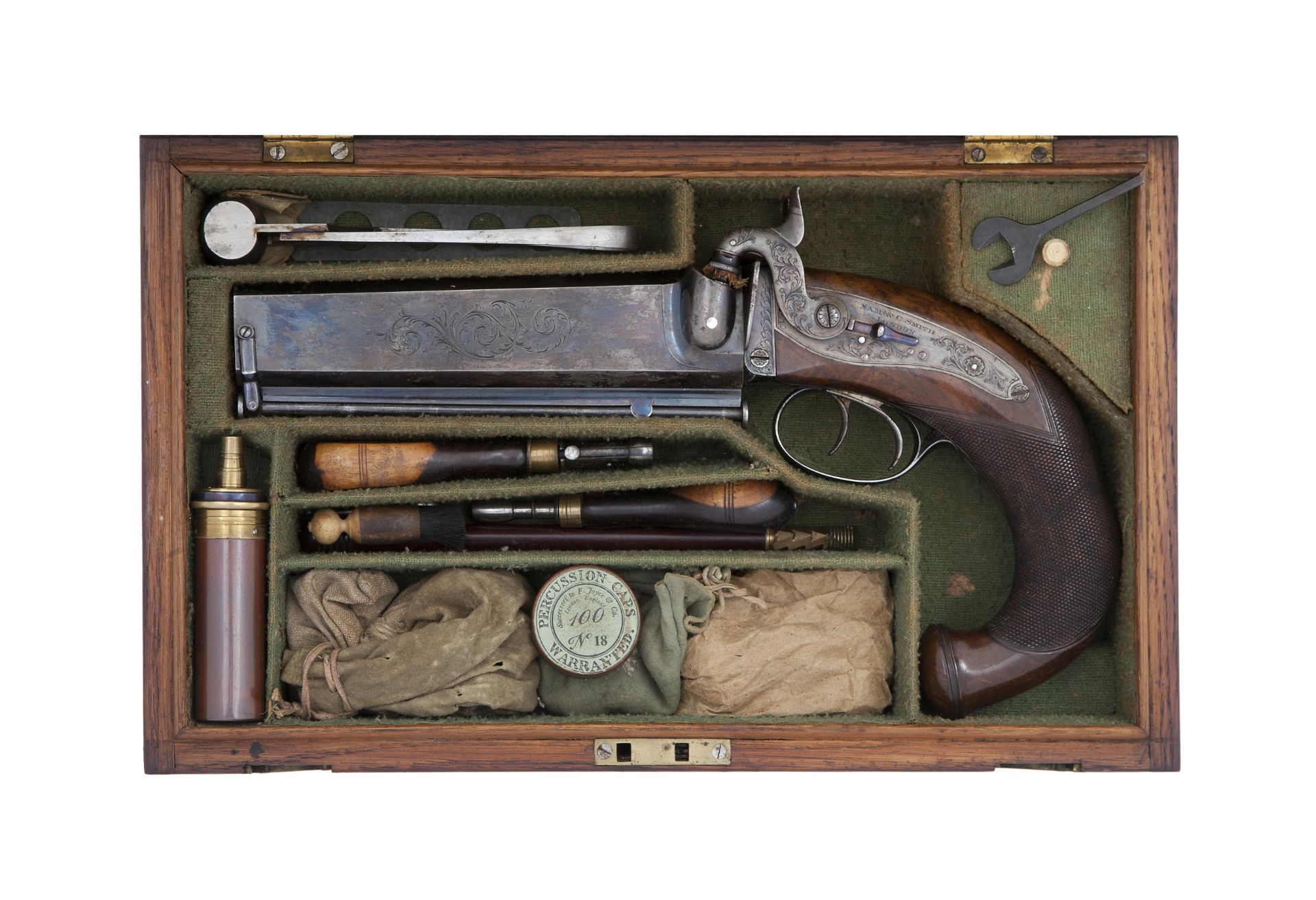 A Fine And Rare Cased 25-Bore Percussion Over-And-Under Travelling Or Howdah Pistol