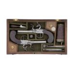 A Rare Cased Pair Of 60-Bore Flintlock Box-Lock Side-By-Side Tap-Action Pistols