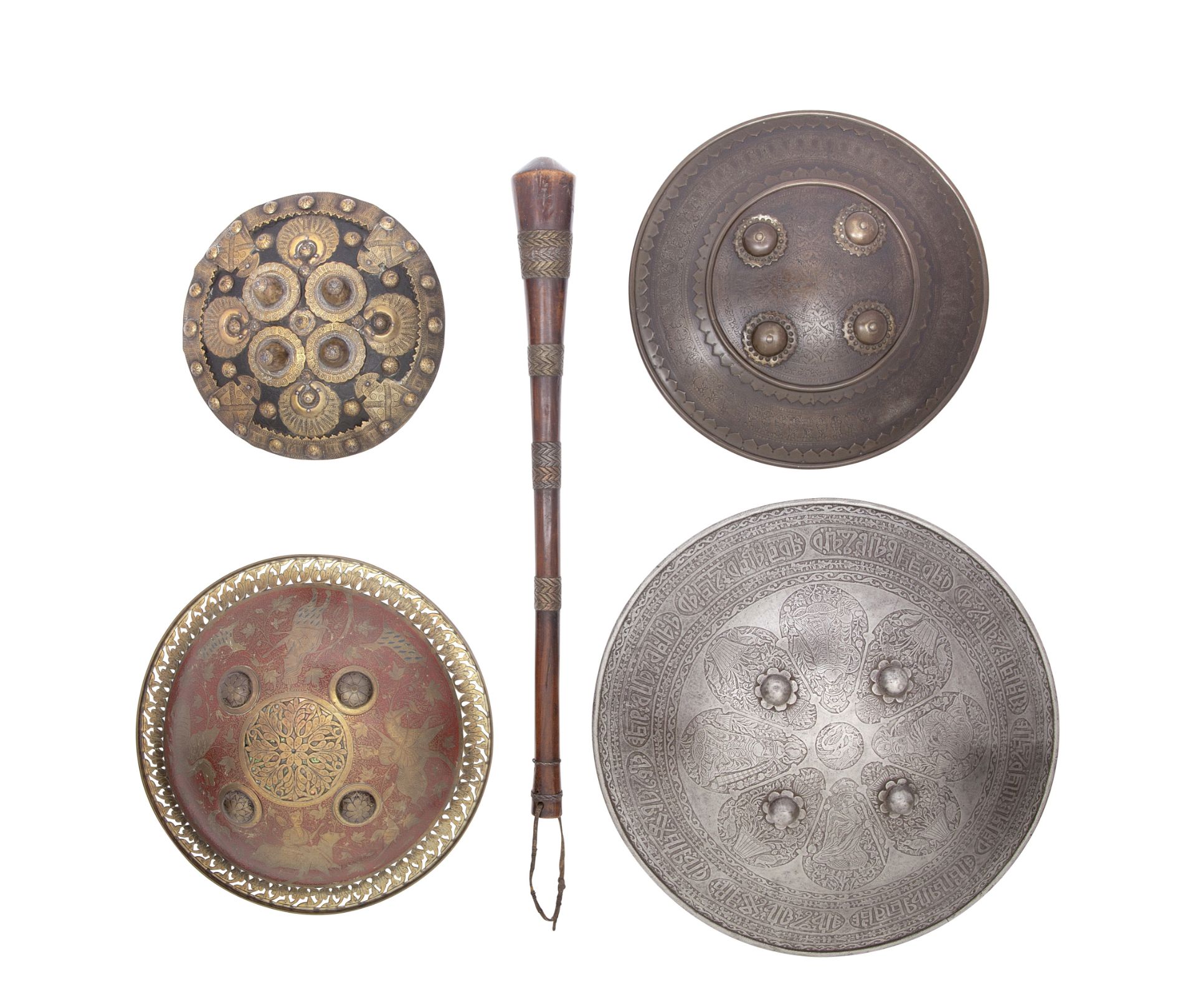 A Persian Circular Steel Dhal, Three Indian Dhals, And An African Club (5)