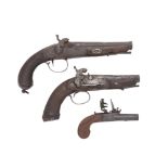 A Spanish 15-Bore Percussion Pistol, Another Of 18-Bore, And An English Flintlock 40-Bore Box-Loc...