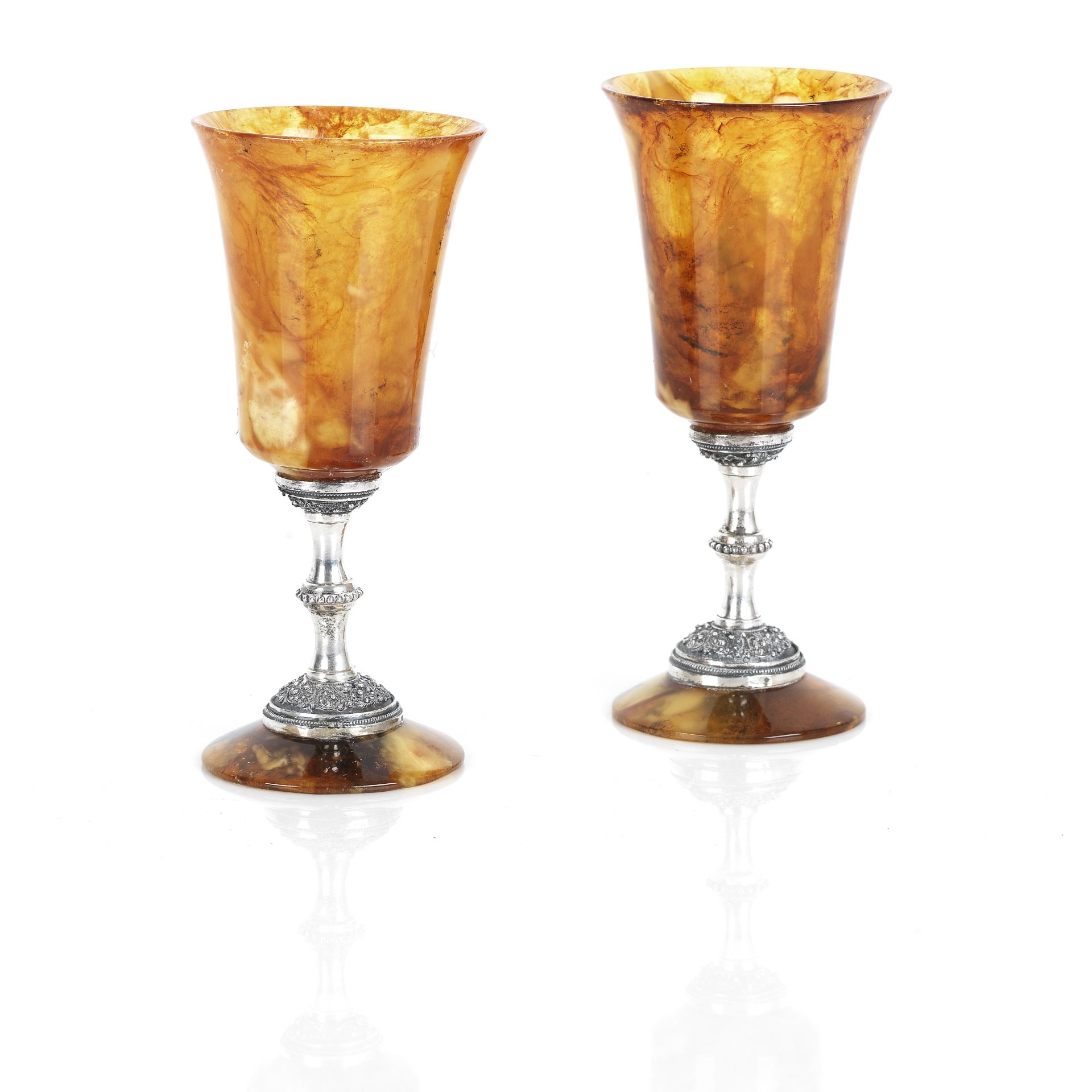 A pair of Baltic amber and silver goblets Probably Polish, Late 19th/early 20th century