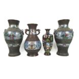 A pair of bronze and enamel vases, hu, a single example similar and a Japanese cloisonné enamel v...