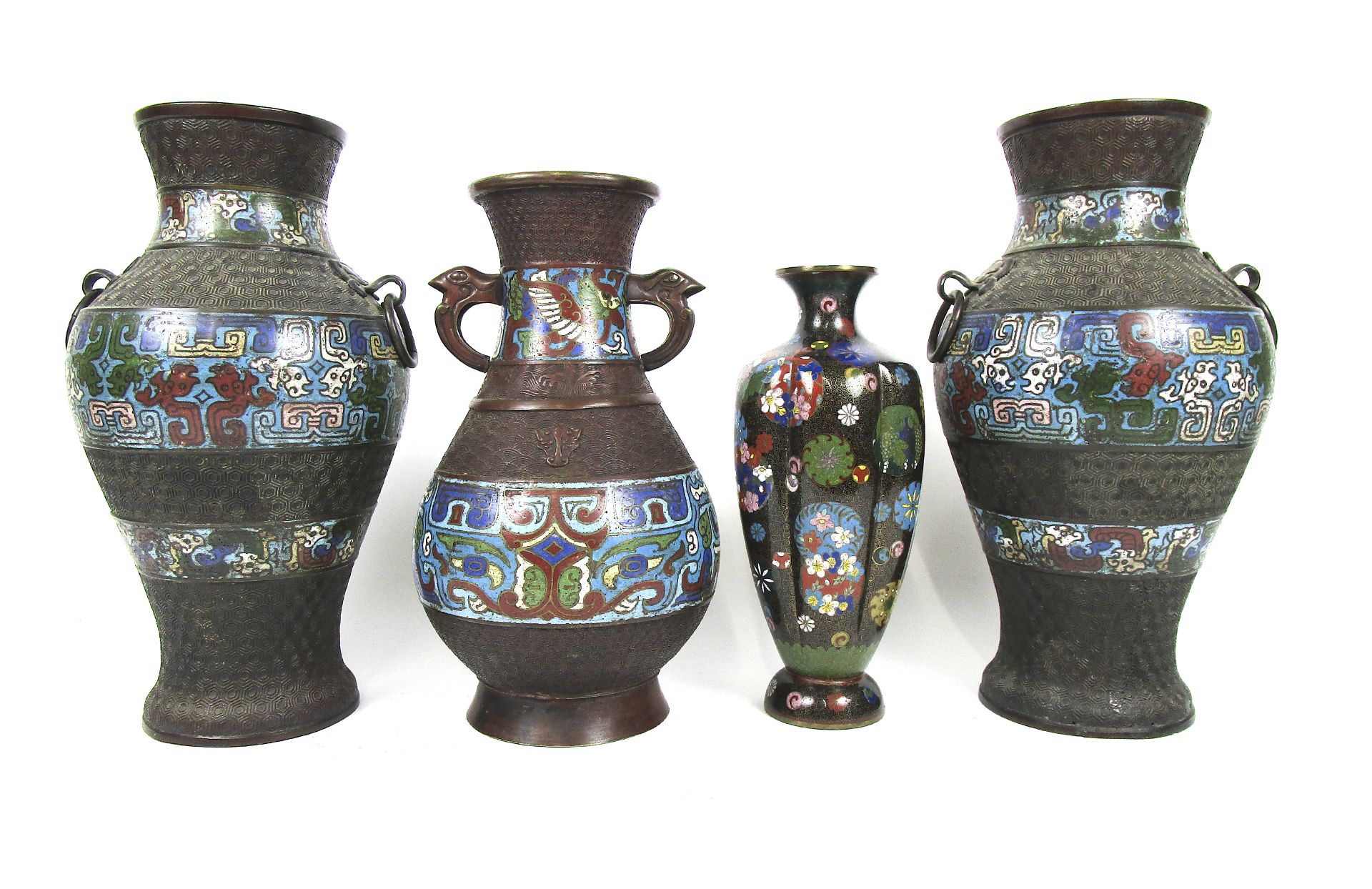 A pair of bronze and enamel vases, hu, a single example similar and a Japanese cloisonné enamel v...