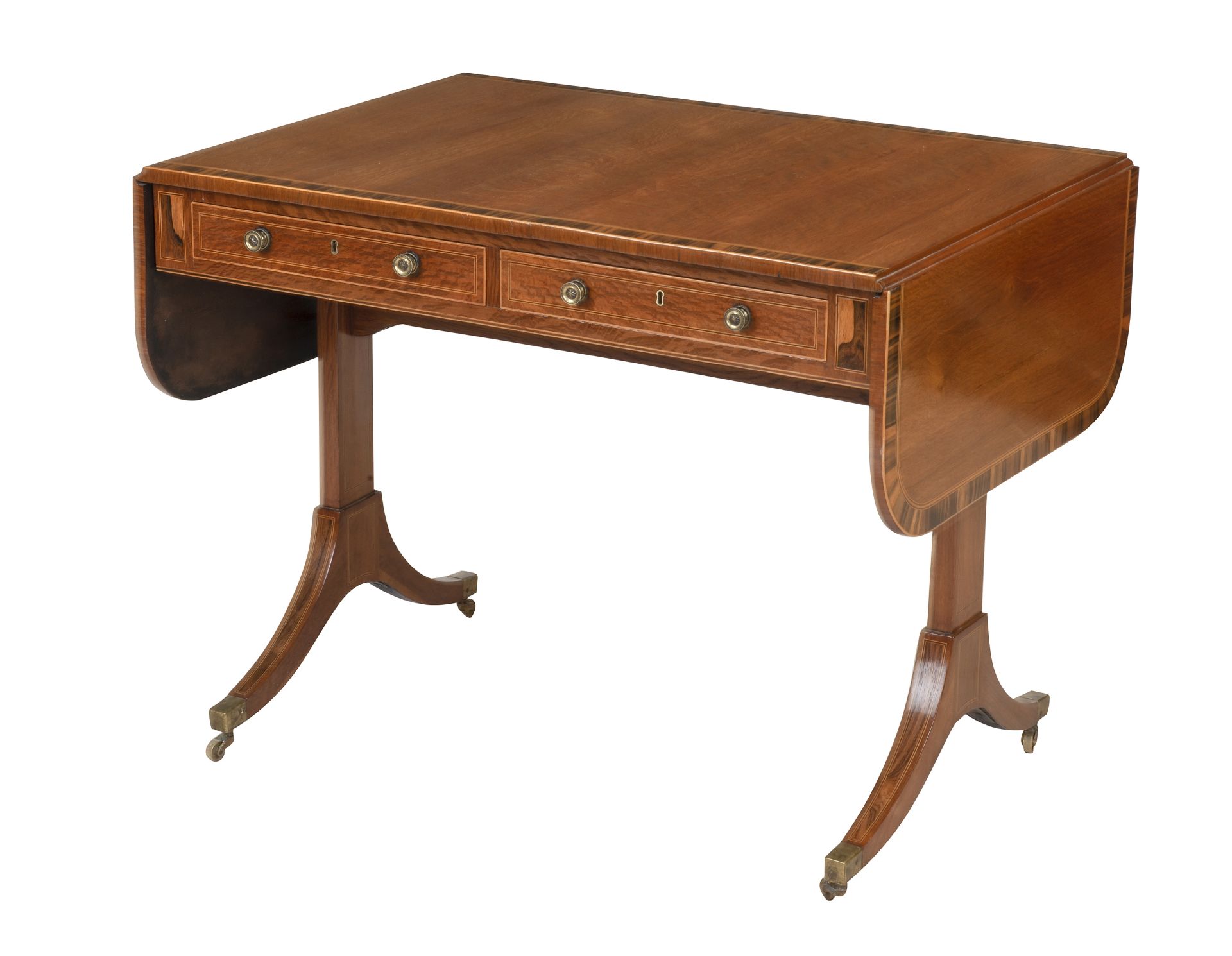 A 19th century Fruitwood and coromandel and line inlaid sofa table