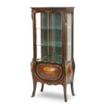 A late 19th century French walnut and marquetry inlaid vitrine