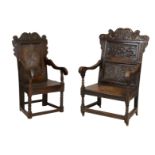 Two 17th century and later carved oak armchairs (2)