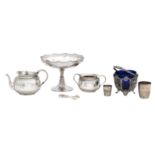 A collection of silver to include a teapot, a sugar bowl, a comport, a basket, an over-sized thim...