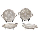 Four French silver pierced twin-handled dishes control marks, c1900